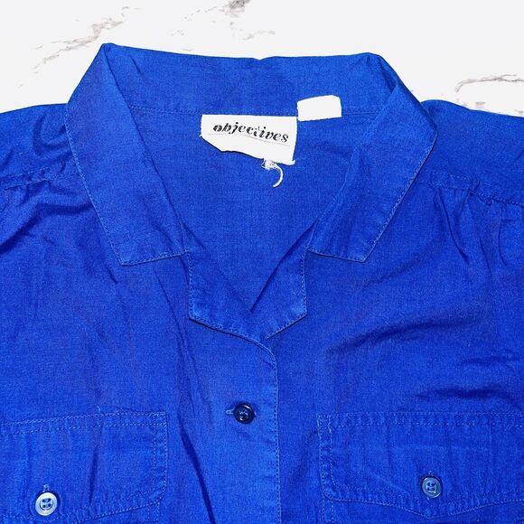 Vintage Objectives Short Sleeve Button Down Top Rolled Sleeves Blue Women 8 - Picture 2 of 5
